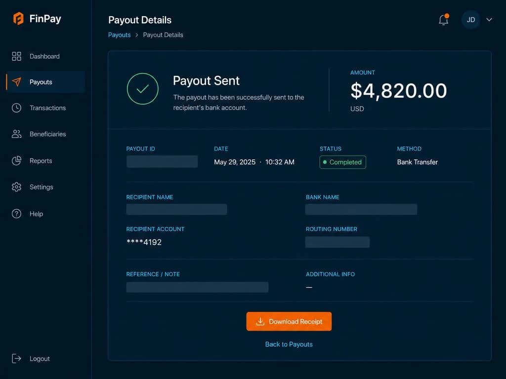 Payout confirmation for $8,420.00 paid on Wednesday, August 6