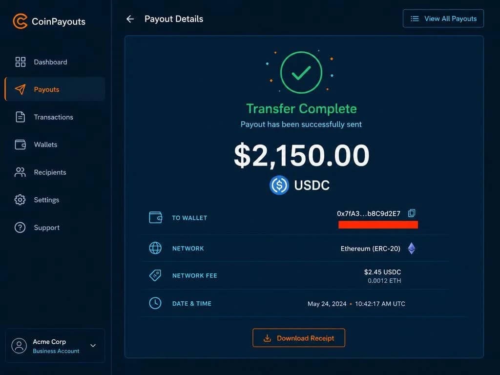 Crypto payout confirmation for $3,150.50 paid on Wednesday, July 30