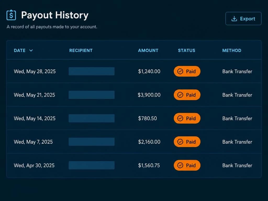 Payout history showing four consecutive weekly Wednesday payouts