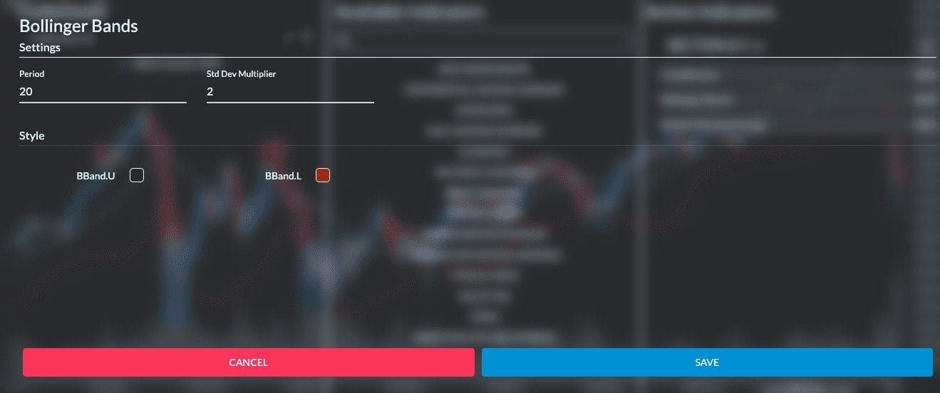 Configuración de las Bandas de Bollinger en Finamark: Edite la configuración predeterminada como mejor le parezca