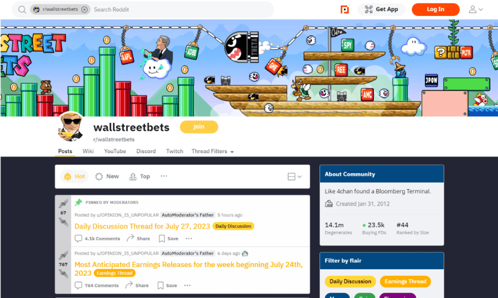 A screenshot of the subreddit r/wallstreetbets front page.