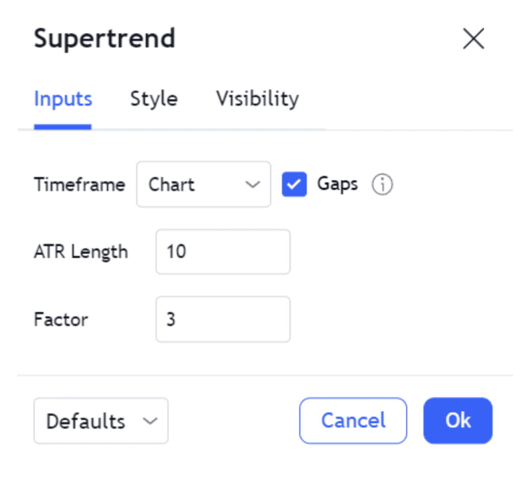 As configurações padrão do indicador Supertrend, mostrando os parâmetros "Timeframe", "ATR Length" e "Factor".