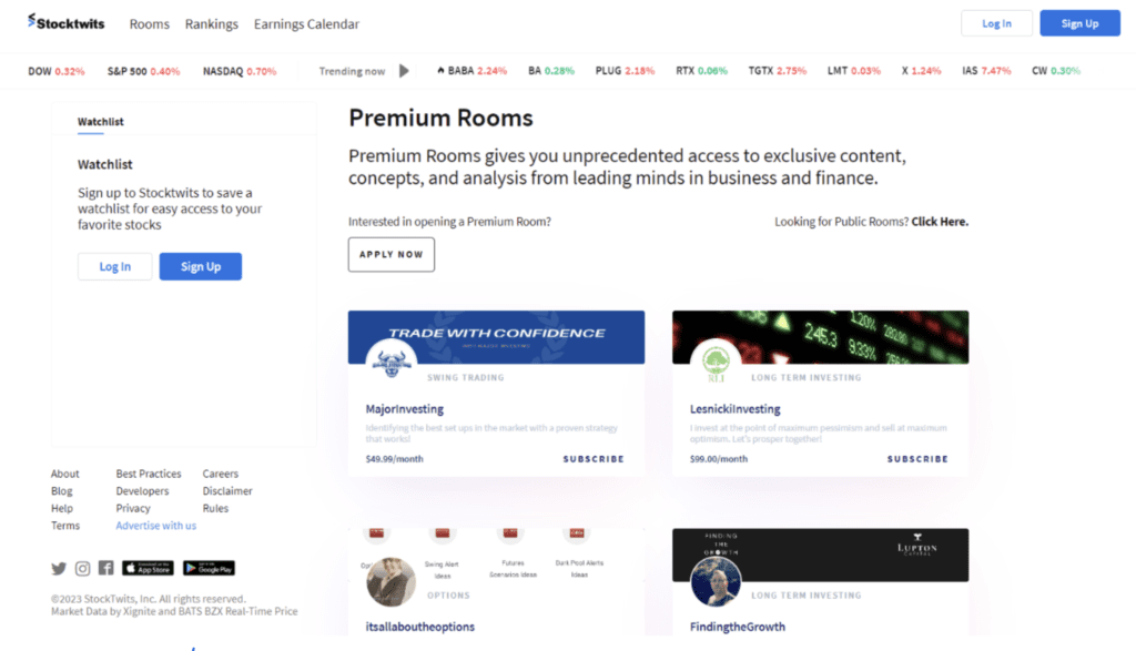 A screenshot of the Premium Rooms page on StockTwits