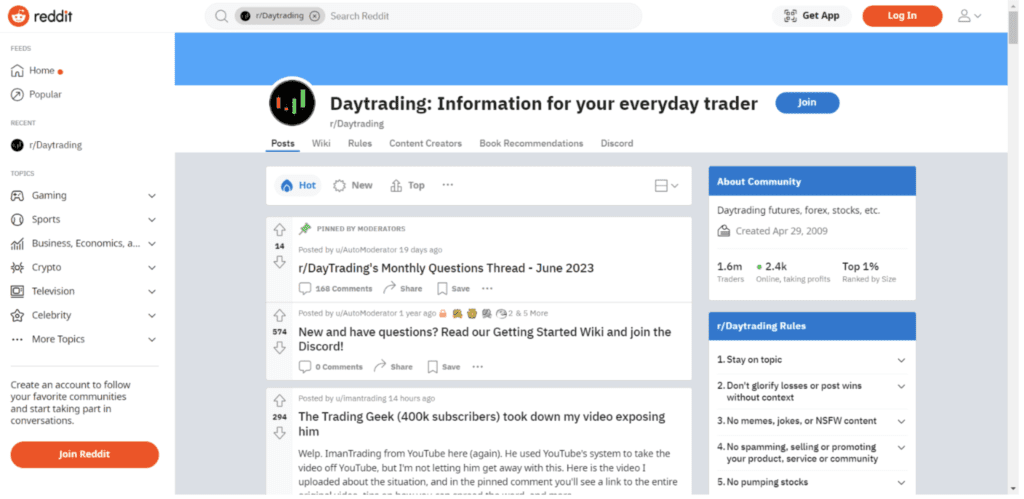 لقطة شاشة من منتدى r/Daytrading