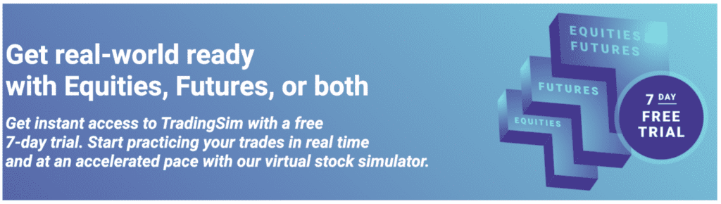 Una captura de pantalla del banner promocional de TradingSim destacando la oferta de una prueba gratuita de 7 días