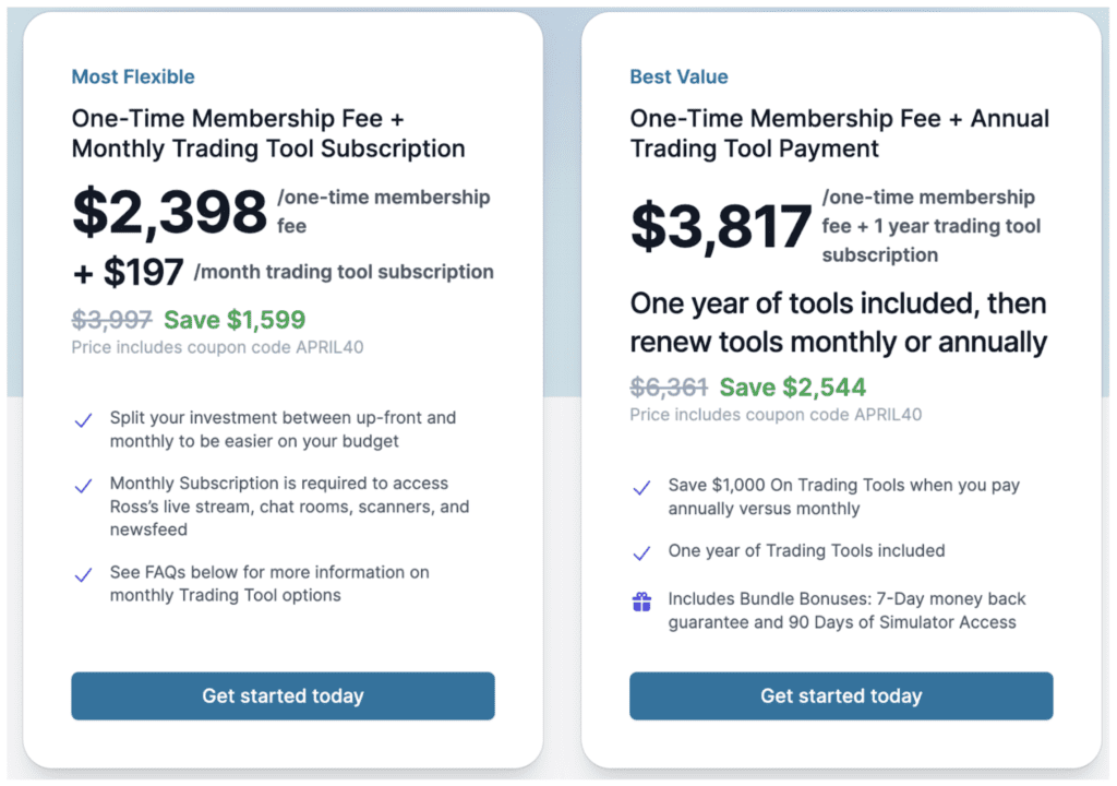 Uma captura de tela exibindo as ofertas de pacotes de nível superior do Warrior Trading