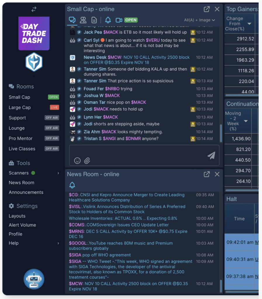 A screenshot displaying live commentary and stock discussions on the Warrior Trading platform